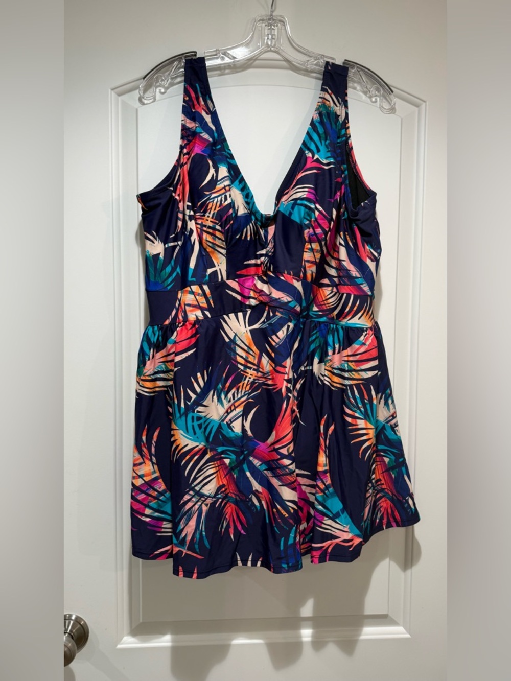 Swimsuits For All Navy Tropical Print One-Piece Swimdress
